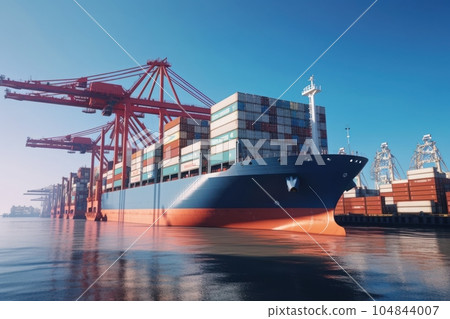 Container ship at the berth in cargo terminal of the port under loading. Port cranes load containers, place them in rows on the deck of the vessel. Global freight shipping concept. 3D illustration. 104844007