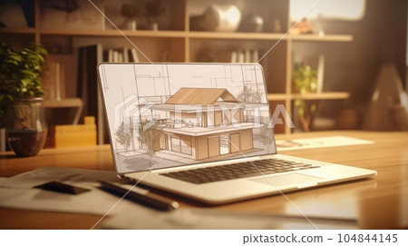 Workplace of an architect, interior designer, engineer. Laptop with a project on the monitor, blueprints, drawing tools and home decor on the table. Remote work concept. Mockup, 3D illustration. 104844145