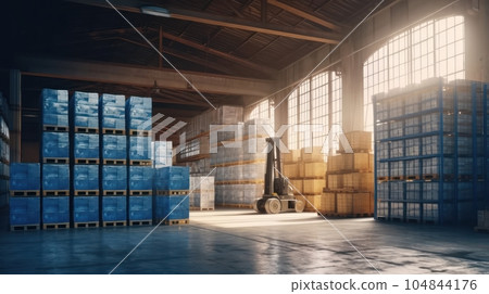 Large industrial warehouse. Tall racks filled with boxes and containers. Boxes on pallets. Forklift in the aisle. Daylight fills the room through the windows. Global logistic concept. 3D illustration. Large industrial warehouse. Tall racks filled with boxes and containers. Boxes on pallets. Forklift in the aisle. Daylight fills the room through the windows. Global logistic concept. 3D illustration. 104844176