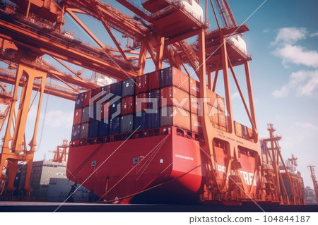 Port cranes loading containers on board a ship at cargo terminal of the seaport. Containers are stacked evenly and secured. Global transportation and logistic concept. 3D illustration. Port cranes loading containers on board a ship at cargo terminal of the seaport. Containers are stacked evenly and secured. Global transportation and logistic concept. 3D illustration. 104844187