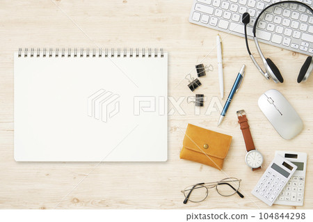 Scenery on a desk with a notebook Unmanned bird's-eye view 104844298