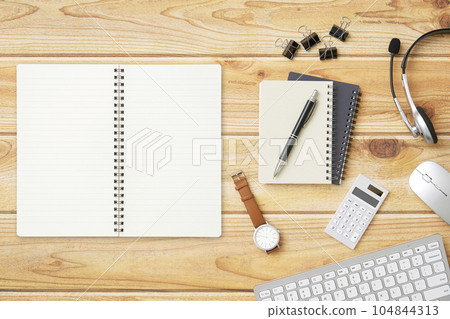 Scenery on a desk with a notebook Unmanned bird's-eye view 104844313