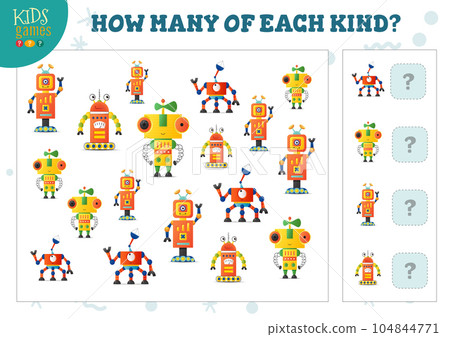 How many of each kind cartoon robot counting game for kids vector illustration How many of each kind cartoon robot counting game for kids vector illustration 104844771