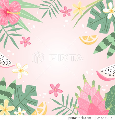 Summer background with flowers and leaves, hibiscus and plumeria. Hand drawn colorful trendy vector illustration 104844907