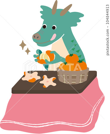 Vector illustration of a dragon happily peeling oranges under a kotatsu 104844913