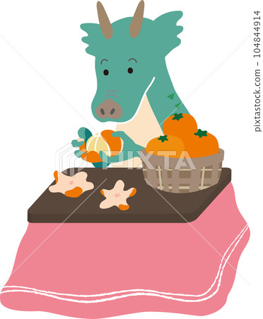 Vector illustration of a cute dragon silently peeling oranges under a kotatsu 104844914