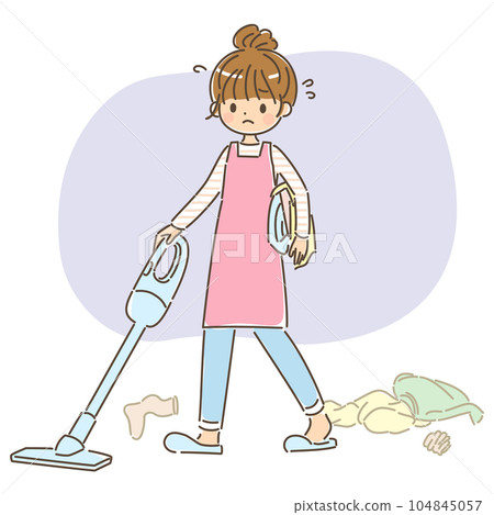 A woman busy vacuuming a messy room with a background A woman busy vacuuming a messy room with a background 104845057