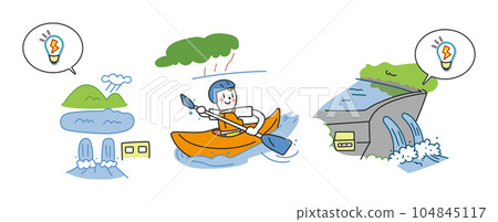 Children's future and renewable energy Hydroelectric power generation and elementary school students Illustration material 104845117
