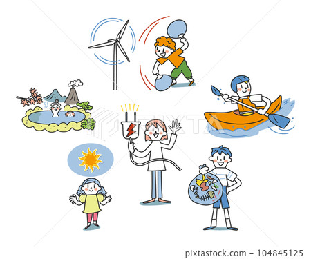 Children's future, renewable energy and elementary school students set illustration material 104845125