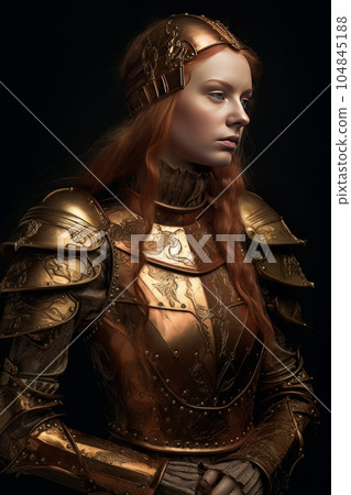 Female warrior with red hair dressed in ancient armor and helmet looks to the side AI Female warrior with red hair dressed in ancient armor and helmet looks to the side AI 104845188