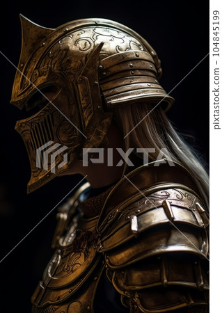 Female warrior dressed in ancient armor and a helmet, portrait AI 104845199