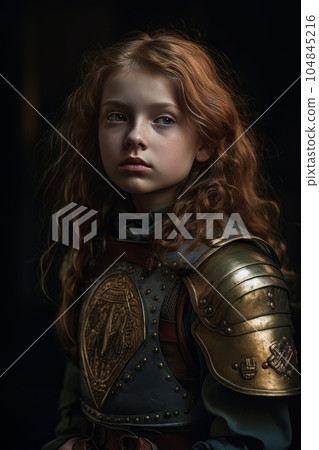 Female warrior with red hair dressed in dark ancient armor AI 104845216
