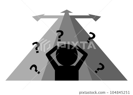 由於路線的箭頭分開而陷入選擇困擾的人的剪影 104845251