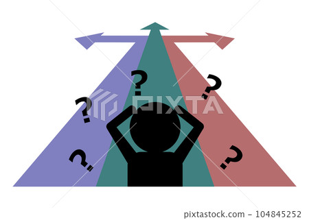 由於路線的箭頭分開而陷入選擇困擾的人的剪影 由於路線的箭頭分開而陷入選擇困擾的人的剪影 104845252