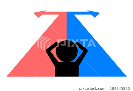A silhouette of a person who is troubled with choices because the arrow of the course is divided into left and right 104845290