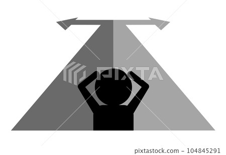 A silhouette of a person who is troubled with choices because the arrow of the course is divided into left and right 104845291