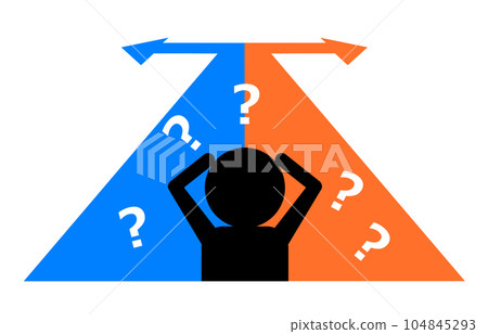 A silhouette of a person who is troubled with choices because the arrow of the course is divided into left and right A silhouette of a person who is troubled with choices because the arrow of the course is divided into left and right 104845293