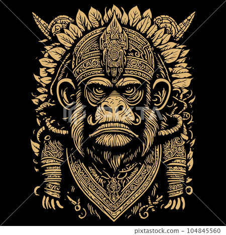 Brown silhouette of monkey in ancient Aztec style isolated on black background. Print for t-shirt. Clipart. 104845560