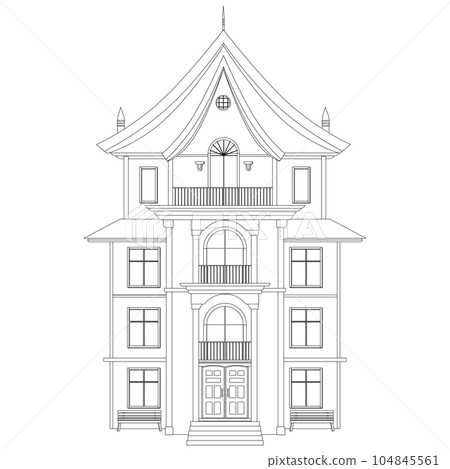 Outline four-story house with porch and balcony isolated on white background. Clipart. Outline four-story house with porch and balcony isolated on white background. Clipart. 104845561