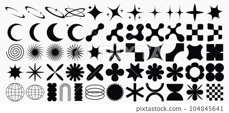 Big vector set of brutalist geometric shapes. Trendy abstract minimalist figures, stars, flowes, circles. Modern abstract graphic design elements.Vector illustration 104845641