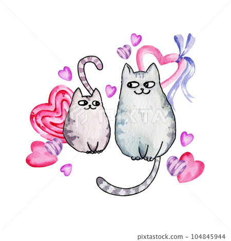 watercolour composition of Love theme with heart, cute cats, sweets. Valentines Day background. Ideal for postcard, design, fabrics, cards. watercolour composition of Love theme with heart, cute cats, sweets. Valentines Day background. Ideal for postcard, design, fabrics, cards. 104845944