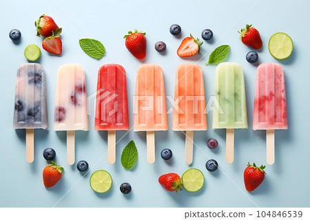 Fruit ice cream on a stick with berries Fruit ice cream on a stick with berries 104846539