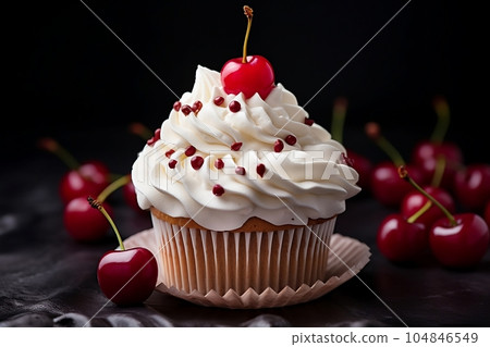 Cupcake with cream and cherries on a plate Cupcake with cream and cherries on a plate 104846549