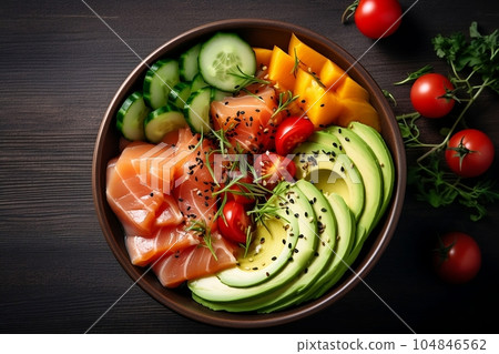 Hawaiian dish with salmon, avocado and cucumber Hawaiian dish with salmon, avocado and cucumber 104846562