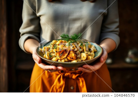 A woman holds a plate with pasta and herbs 104846570