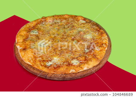 Pizza with bacon cheese and herbs on a wooden plate with cheese and cherry tomatoes. On a colored Pizza with bacon cheese and herbs on a wooden plate with cheese and cherry tomatoes. On a colored 104846689