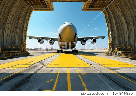 Front view from the ground of a cargo plane at the airport. Loaded transport aircraft is taxing from the cargo terminal to the runway. Global freight transport and logistics concept. 3D illustration. Front view from the ground of a cargo plane at the airport. Loaded transport aircraft is taxing from the cargo terminal to the runway. Global freight transport and logistics concept. 3D illustration. 104846859
