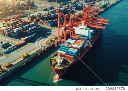 Aerial view of fully loaded container ship against the background of a cargo terminal in a seaport, port cranes, stacks of containers, railroads. Global freight logistics concept. 3D illustration. Aerial view of fully loaded container ship against the background of a cargo terminal in a seaport, port cranes, stacks of containers, railroads. Global freight logistics concept. 3D illustration. 104846870