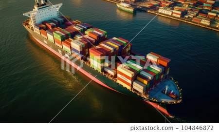 Aerial view of a cargo container ship. Fully loaded container ship against the background of a cargo terminal in a seaport, port cranes, railroads. Global freight logistics concept. 3D illustration. Aerial view of a cargo container ship. Fully loaded container ship against the background of a cargo terminal in a seaport, port cranes, railroads. Global freight logistics concept. 3D illustration. 104846872