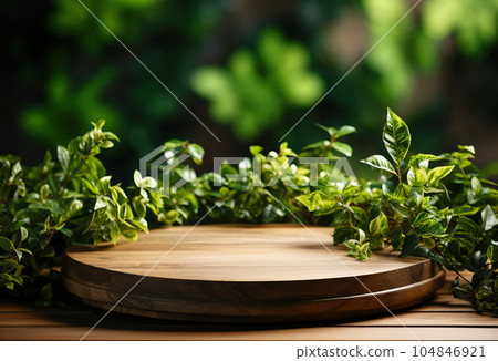 Modern wooden podium for product presentation in the forest. 104846921