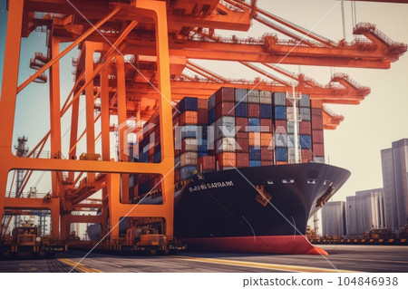 Port cargo terminal, transport hub. Huge industrial cranes loading containers on board a cargo ship and stack them evenly. Global freight transport and logistics concept. 3D illustration. 104846938