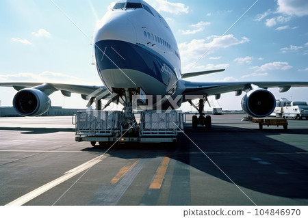 Loading process of a cargo plane at the airport. A cargo trolley delivering cargo to the jet on the airfield. Global freight transportation, airmail and logistics concept. 3D illustration. Loading process of a cargo plane at the airport. A cargo trolley delivering cargo to the jet on the airfield. Global freight transportation, airmail and logistics concept. 3D illustration. 104846970
