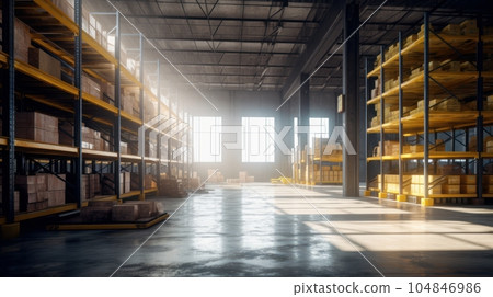 Large industrial warehouse. High racks filled with boxes and containers. Boxes on pallets in the sorting area. Daylight fills the room through the windows. Global logistics concept. 3D illustration. 104846986