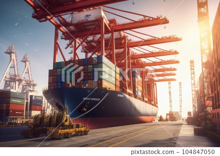 Port cargo terminal, transport hub. Huge industrial cranes loading containers on board a cargo ship and stack them evenly. Global freight transport and logistics concept. 3D illustration. 104847050