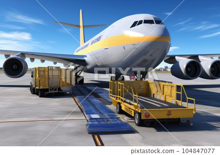 Loading process of a cargo plane at the airport. A cargo trolley delivering cargo to the jet on the airfield. Global freight transportation, airmail and logistics concept. 3D illustration. 104847077