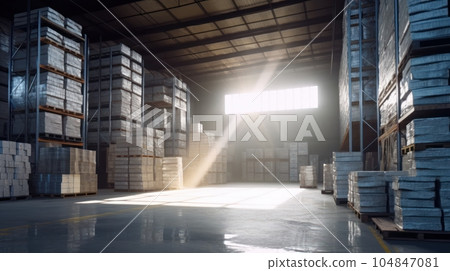 Large industrial warehouse. High racks filled with boxes and containers. Boxes on pallets in the sorting area. Daylight fills the room through the windows. Global logistics concept. 3D illustration. Large industrial warehouse. High racks filled with boxes and containers. Boxes on pallets in the sorting area. Daylight fills the room through the windows. Global logistics concept. 3D illustration. 104847081