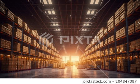 Large industrial warehouse. High racks filled with boxes and containers. Cardboard boxes on pallets. Daylight fills the room through the windows. Global logistics concept. 3D illustration. Large industrial warehouse. High racks filled with boxes and containers. Cardboard boxes on pallets. Daylight fills the room through the windows. Global logistics concept. 3D illustration. 104847097