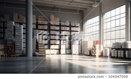 Large industrial warehouse. High racks filled with boxes and containers. Boxes on pallets in the sorting area. Daylight fills the room through the windows. Global logistics concept. 3D illustration. 104847098