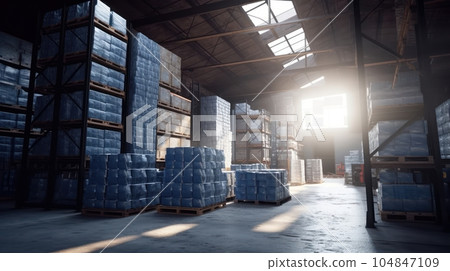Large industrial warehouse. High racks filled with boxes and containers. Boxes on pallets in the sorting area. Daylight fills the room through the windows. Global logistics concept. 3D illustration. Large industrial warehouse. High racks filled with boxes and containers. Boxes on pallets in the sorting area. Daylight fills the room through the windows. Global logistics concept. 3D illustration. 104847109