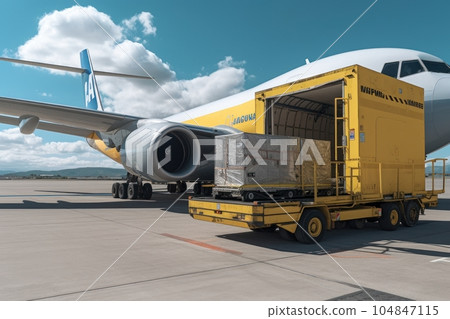 Loading process of a cargo plane at the airport. A cargo trolley delivering cargo to the jet on the airfield. Global freight transportation, airmail and logistics concept. 3D illustration. 104847115