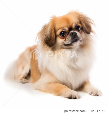 Tibetan spaniel close up portrait isolated on white background. Cute pet, loyal friend, good companion, 104847148
