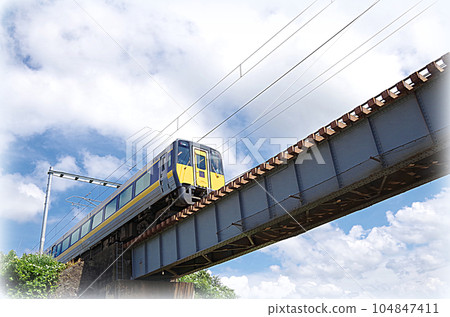 Limited express train crossing the iron bridge (illustration style) 104847411
