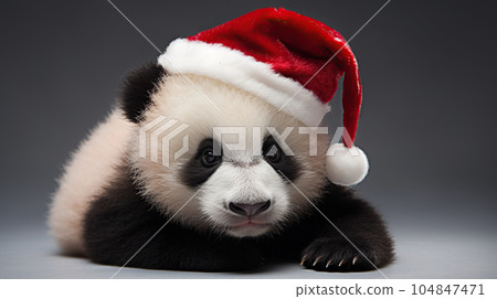 Adorable cute panda bear in santa claus hat. New Year holiday concept 104847471