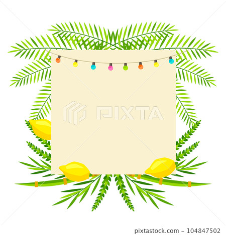 Happy Sukkot greeting card. Holiday background with Jewish festival traditional symbols. 104847502