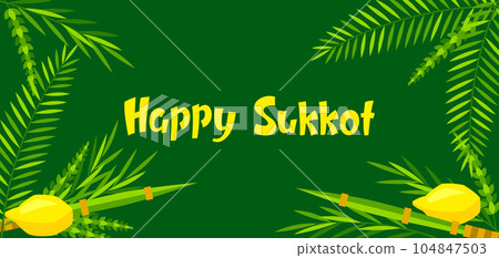 Happy Sukkot greeting card. Holiday background with Jewish festival traditional symbols. Happy Sukkot greeting card. Holiday background with Jewish festival traditional symbols. 104847503