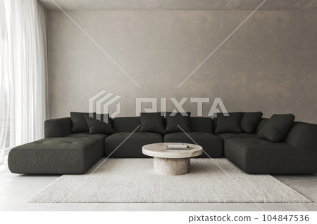 Conceptual interior living room with stucco wall. Creative composition dark sofa with marble table in pastel color. Mock up empty background. 3d rendering. High quality 3d illustration Conceptual interior living room with stucco wall. Creative composition dark sofa with marble table in pastel color. Mock up empty background. 3d rendering. High quality 3d illustration 104847536